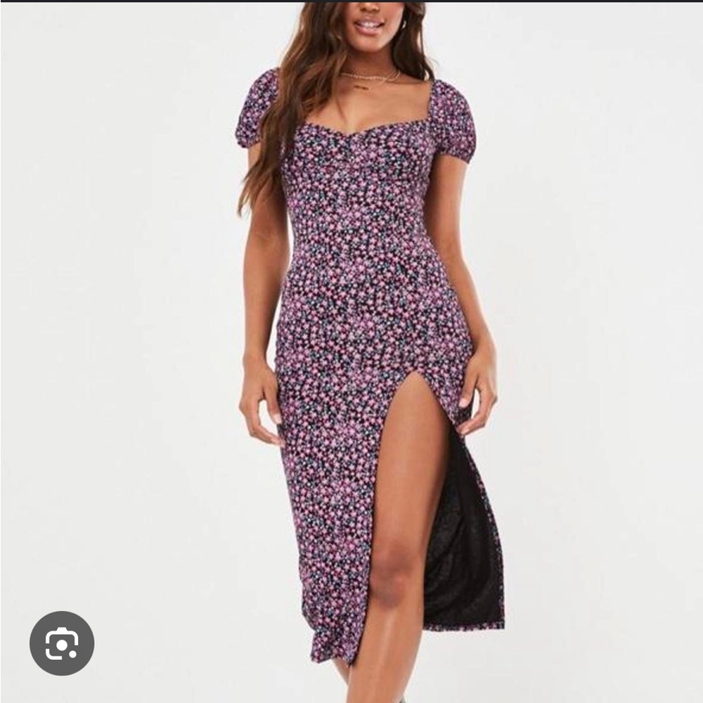 🖤 Purple Floral Midi Dress – Puff Sleeves | Sweetheart Neck Size XS